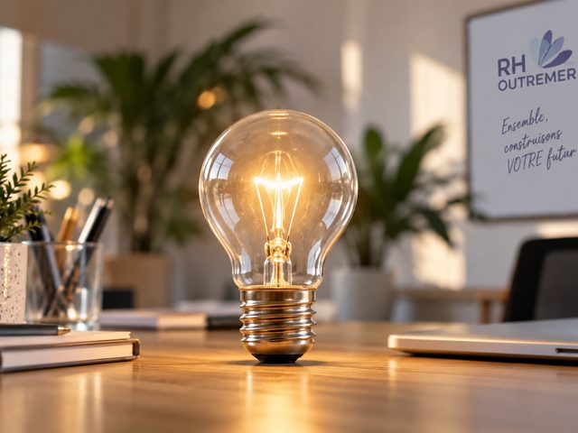 Ampoule allumée sur un bureau, devant le slogan Ensemble, construisons votre futur