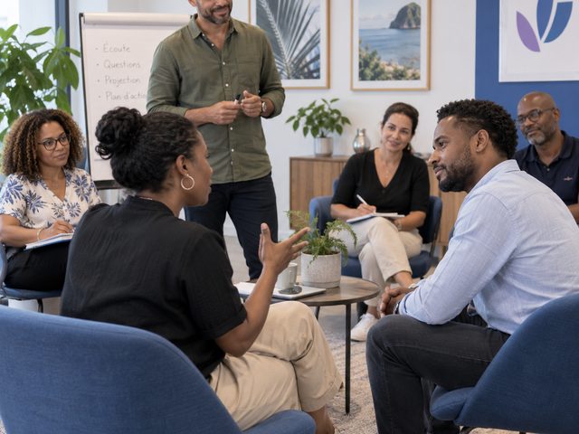 Mise en situation d’entretien en fauteuils, avec au paperboard les étapes écoute, questions, projection et plan d’action