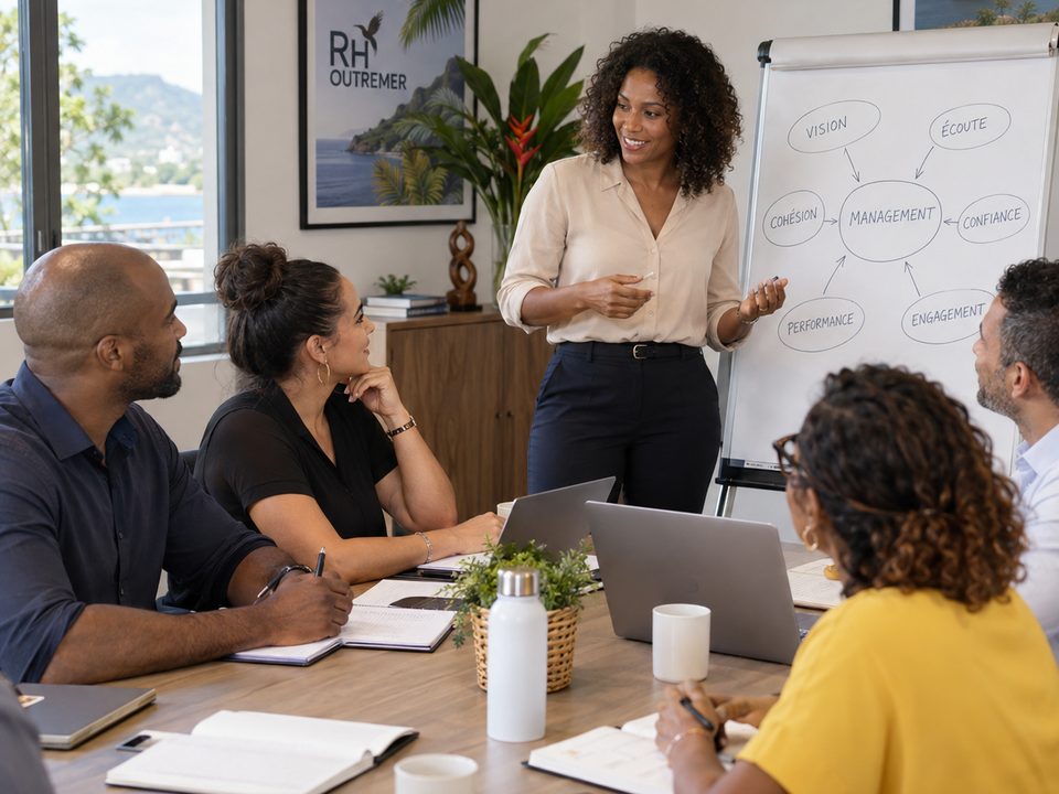Formatrice devant un paperboard reliant vision, écoute, cohésion et confiance au management
