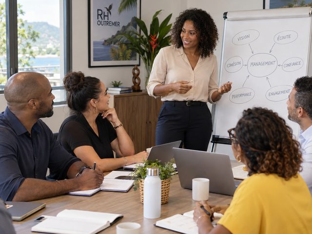 Formatrice devant un paperboard reliant vision, écoute, cohésion et confiance au management