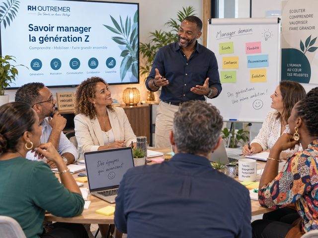 Formateur devant un paperboard « Manager demain » aux post-it écoute, confiance, sens, flexibilité, reconnaissance et évolution, face à un groupe de managers