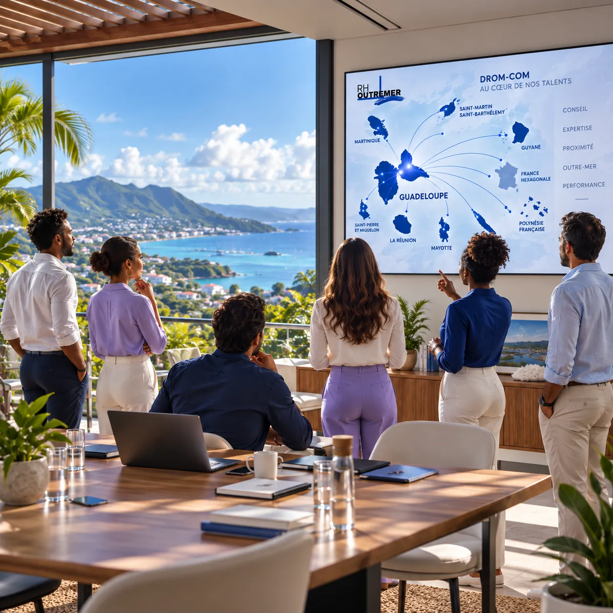 Équipe de consultants devant un écran présentant la carte des DROM-COM, reliés à la Guadeloupe, dans une salle de réunion ouverte sur la mer