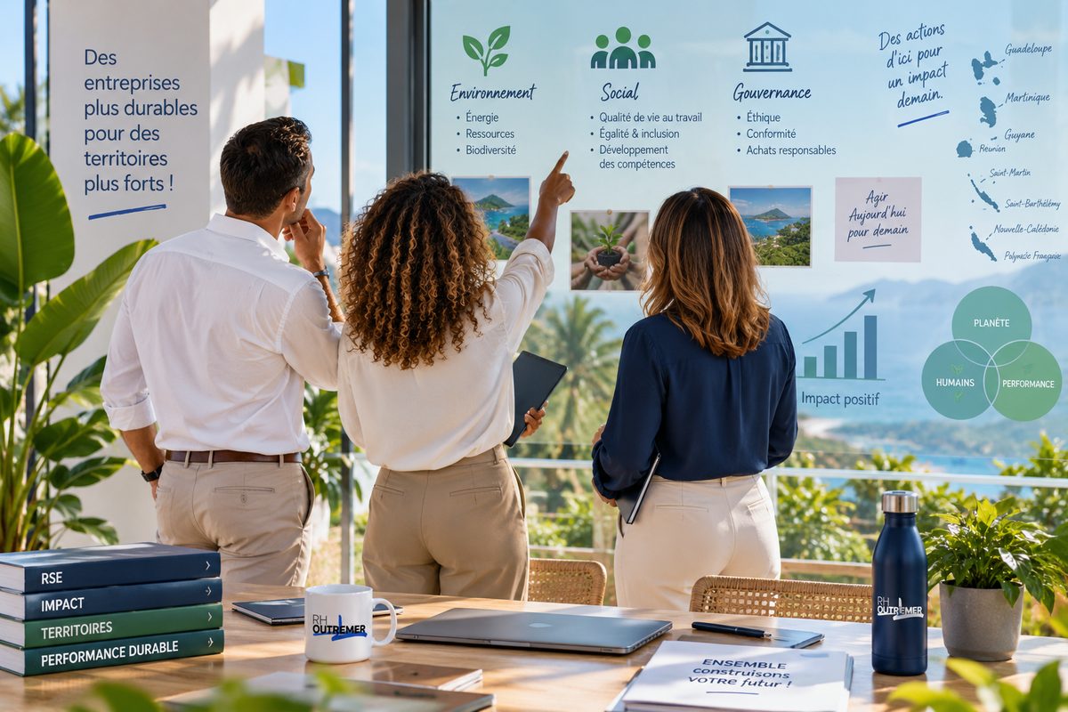 Équipe réunie autour d’une table de travail échangeant sur les engagements environnementaux et sociaux de l’entreprise