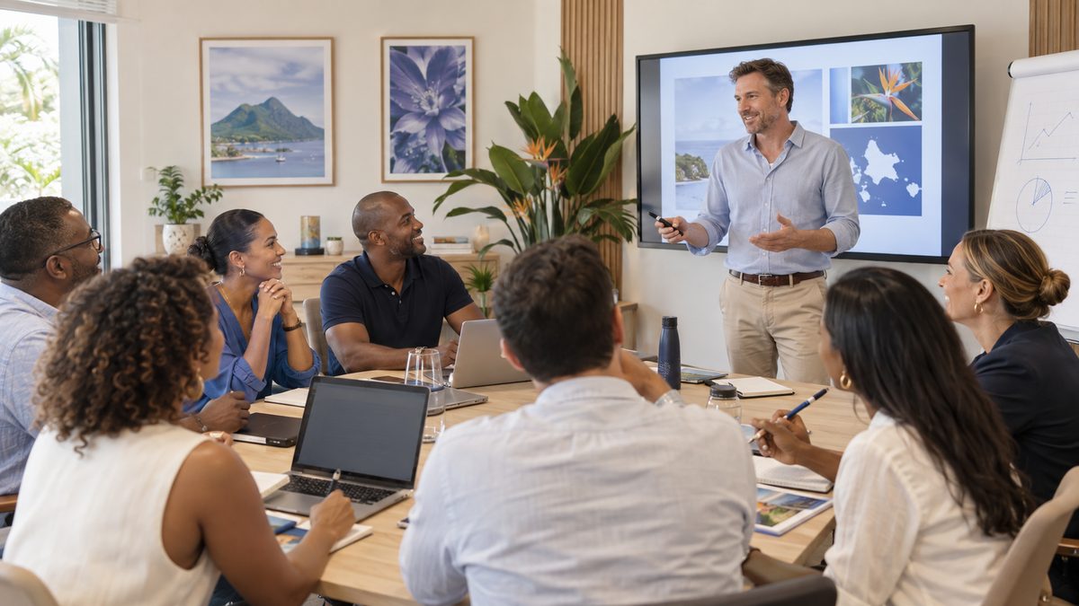 Formateur présentant une carte de la Guadeloupe à un groupe de stagiaires réunis autour d’une table de formation