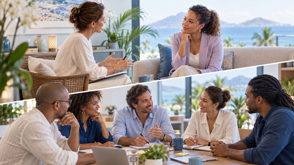 Séance de coaching professionnel entre une coach et un manager dans un bureau lumineux