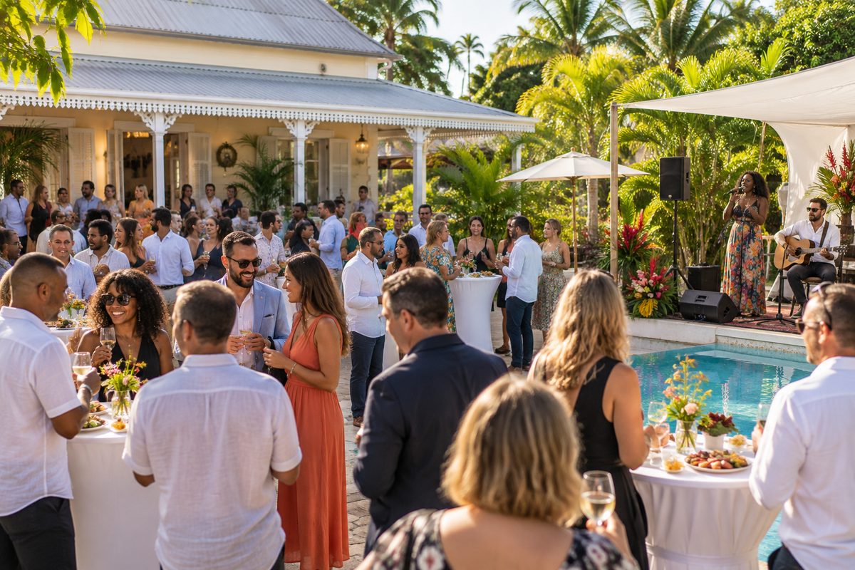 Cocktail d’entreprise en extérieur au bord d’une piscine : invités réunis autour de tables hautes et duo de musiciens en pleine animation