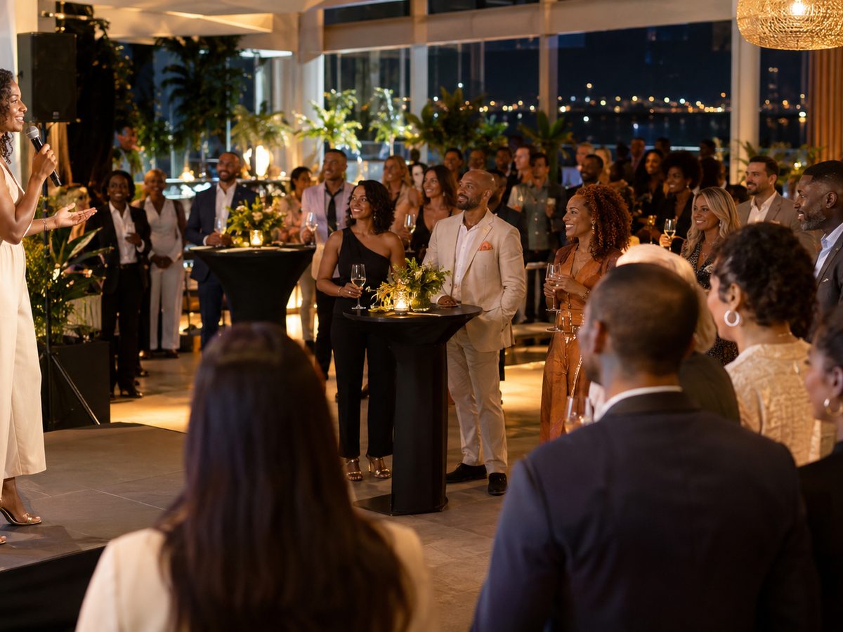 Soirée d’entreprise en intérieur : une intervenante au micro s’adresse aux invités réunis autour de tables hautes, devant de grandes baies vitrées ouvertes sur la ville de nuit