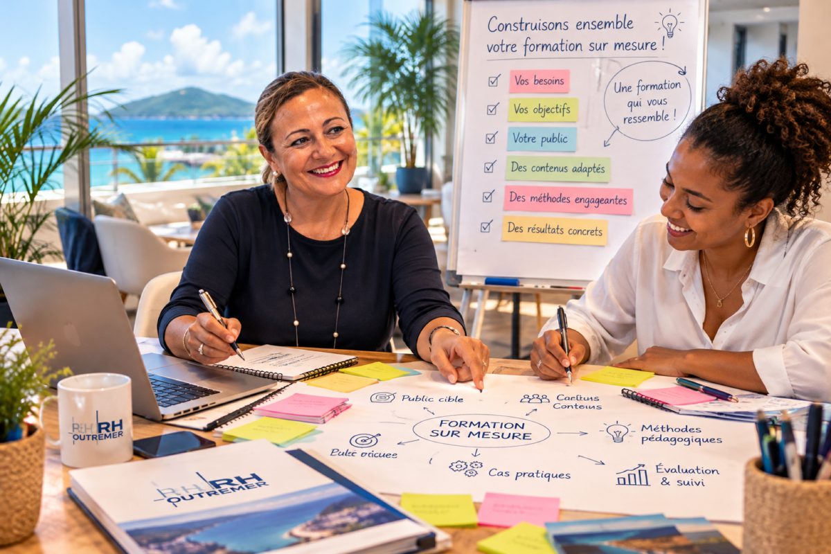 Deux consultantes RH construisent un programme de formation autour d’une carte mentale, devant un tableau listant besoins, objectifs, public et méthodes