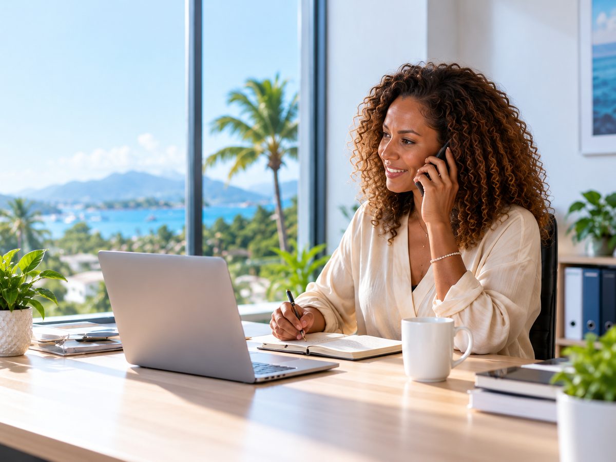 Consultante RH au téléphone à son bureau, répondant à la question d’une entreprise cliente