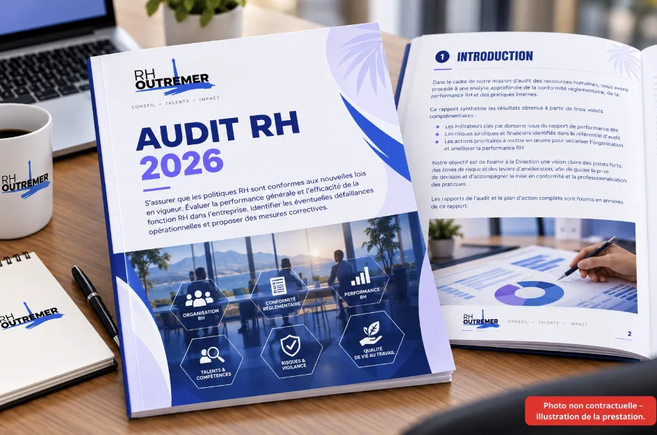 Rapport d’audit RH ouvert sur un bureau : couverture « Audit RH 2026 » et page d’introduction