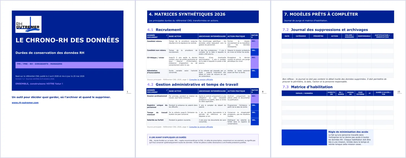 Aperçu du Chrono-RH des données : couverture du guide, matrices de conservation et modèles de suivi