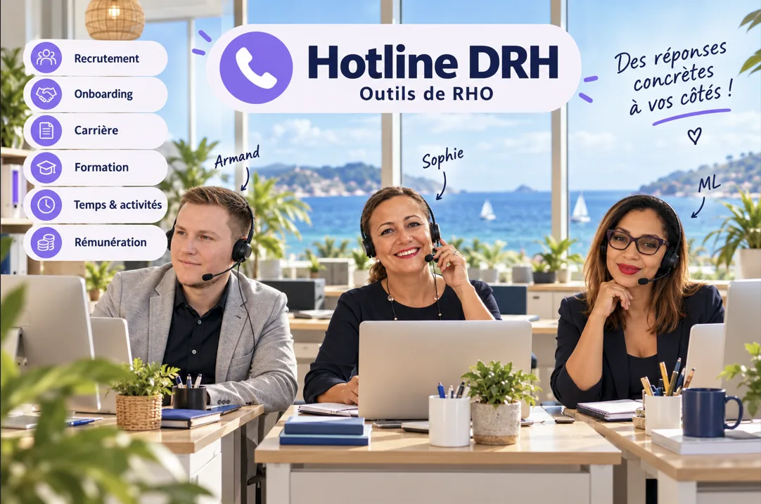Trois consultants RH en casque téléphonique à leur poste, face à la mer, autour des thèmes recrutement, onboarding, carrière, formation, temps et rémunération