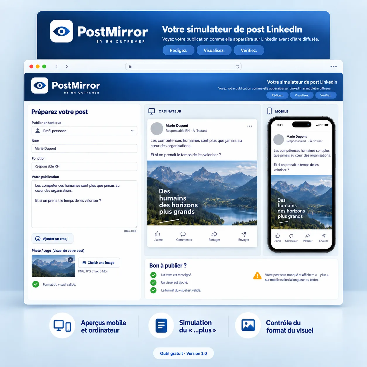 Interface de PostMirror : rédaction du post à gauche, aperçus ordinateur et mobile, contrôle « Bon à publier ? »
